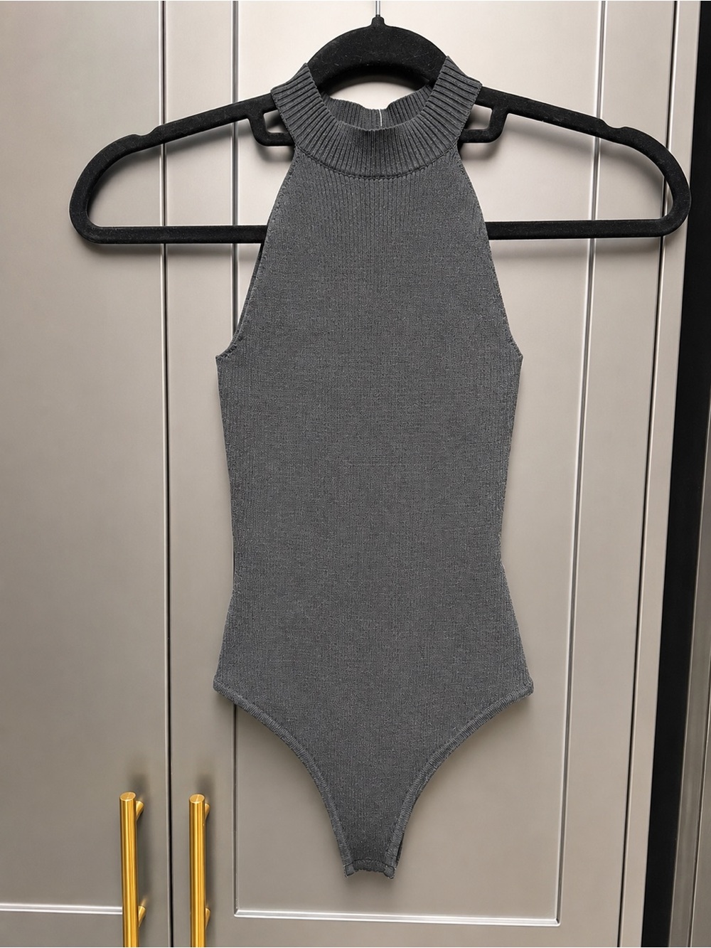 Ribbed High-Neck Halter Bodysuit - Gray